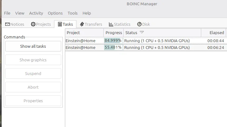 BOINC Manager task list showing two Einstein@Home O4 all-sky search tasks running simultaneously, each with the status "Running (1 CPU + 0.5 NVIDIA GPUs)".