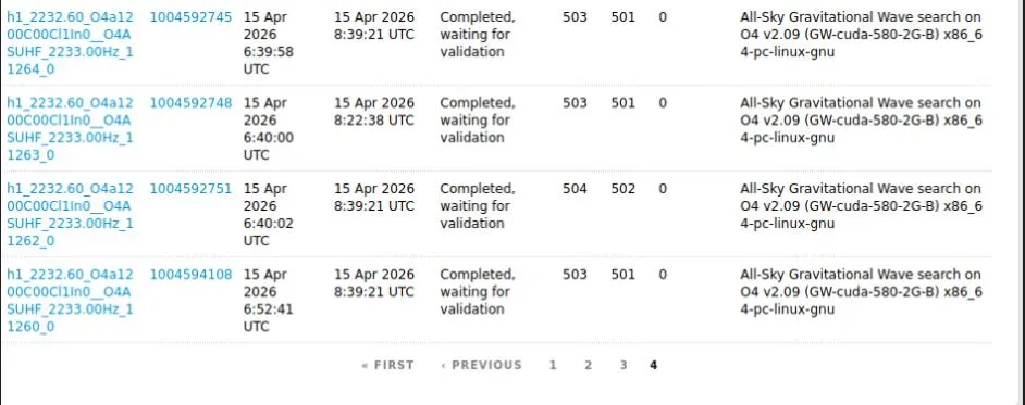 Einstein@Home completed-task list showing a batch of O4 all-sky search work units with elapsed times clustering around eight and a half minutes each.