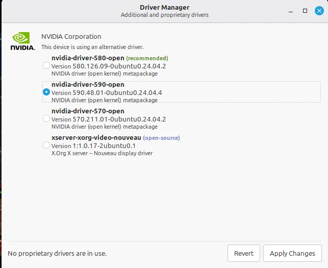 Linux Mint Driver Manager listing NVIDIA driver options, with nvidia-driver-590-open version 590.48.01 selected over the 580 and 570 open metapackages and the nouveau fallback. The status bar reads "No proprietary drivers are in use."