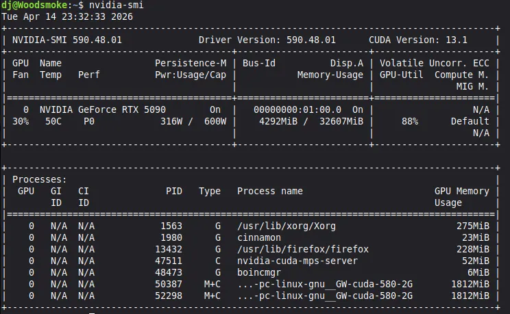 nvidia-smi output on Linux Mint showing the nvidia-cuda-mps-server process alongside two Einstein@Home gw-linux-gpu compute tasks sharing the RTX 5090, with utilization near 100% in performance state P0.