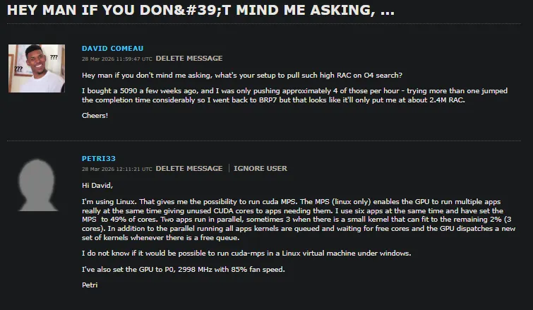 Einstein@Home private-message thread. My question asking how he pulls such high RAC on the O4 search; Petri33's reply explaining that he runs Linux with CUDA MPS at 49% of cores, six apps loaded with two running in true parallel and the rest queued for dispatch, GPU locked to P0 at 2998 MHz.